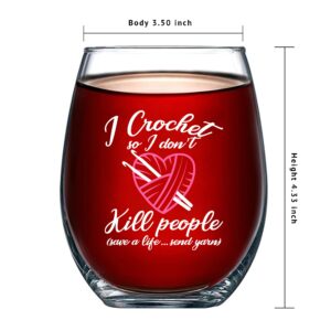 Panvola I Crochet So I Don't Kill People Save A Life Send Yarn Crocheting Stemless Wine Glass Knitters Crocheter Gifts Clear Glasses For Red White Wine (17 oz)