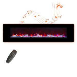 72in electric fireplace with bluetooth speakers wall mounted linear fireplace heater low noise adjustable 8 flame colors,8h timer,remote control with log & crystal hearth options (no-recessed)