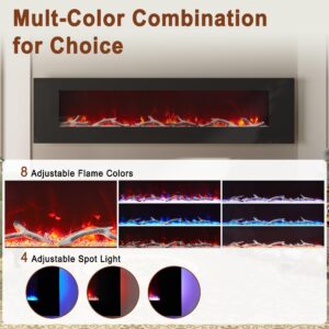 72in Electric Fireplace with Bluetooth Speakers Wall Mounted Linear Fireplace Heater Low Noise Adjustable 8 Flame Colors,8h Timer,Remote Control with Log & Crystal Hearth Options (No-Recessed)