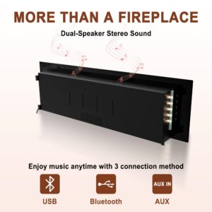 72in Electric Fireplace with Bluetooth Speakers Wall Mounted Linear Fireplace Heater Low Noise Adjustable 8 Flame Colors,8h Timer,Remote Control with Log & Crystal Hearth Options (No-Recessed)