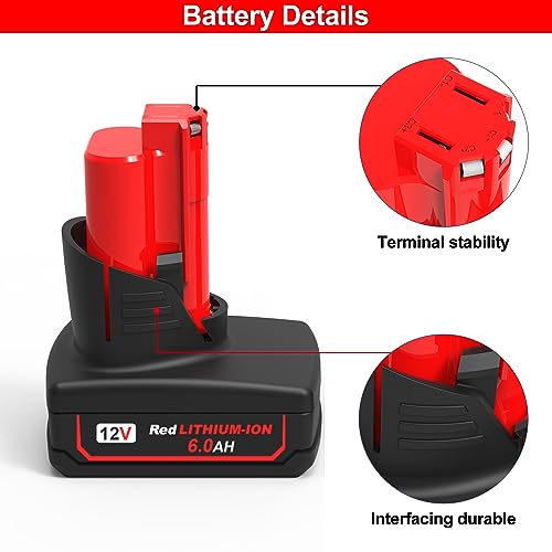 WORTHMAH 2 Packs 12Volts 6.0Ah Replacement for Milwaukee M12 Lithium-ion Battery, Compatible with All Milwaukee 12V M12 Battery Charger and Power Tools.