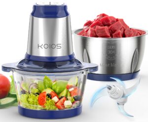 koios 500w powerful electric food processor with 8 cup stainless steel & glass bowls, 2 speed mode electric food chopper with 2 sets blades electric meat grinder chopper for family & baby use