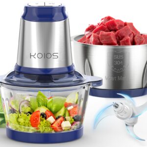 KOIOS 500W Powerful Electric Food Processor with 8 Cup Stainless Steel & Glass Bowls, 2 Speed Mode Electric Food Chopper with 2 Sets Blades Electric Meat Grinder Chopper for Family & Baby Use