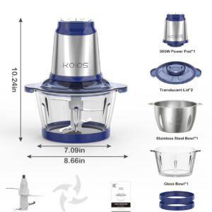 KOIOS 500W Powerful Electric Food Processor with 8 Cup Stainless Steel & Glass Bowls, 2 Speed Mode Electric Food Chopper with 2 Sets Blades Electric Meat Grinder Chopper for Family & Baby Use