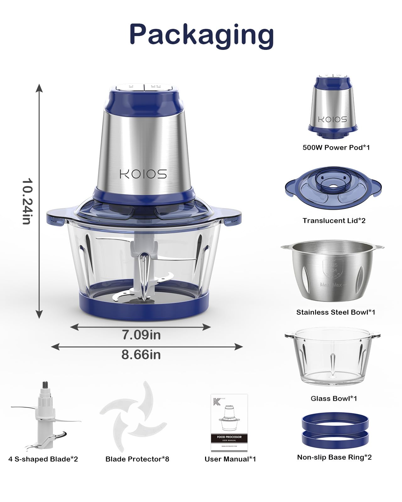 KOIOS 500W Powerful Electric Food Processor with 8 Cup Stainless Steel & Glass Bowls, 2 Speed Mode Electric Food Chopper with 2 Sets Blades Electric Meat Grinder Chopper for Family & Baby Use