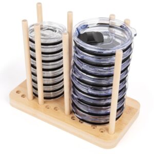 adjustable bamboo tumbler lid organizer - holds up to 20 lids - yeti lid organizer for cabinet - yeti organizer for kitchen cabinets - water bottle lid organizer for cabinet - cup lid holder - stacker