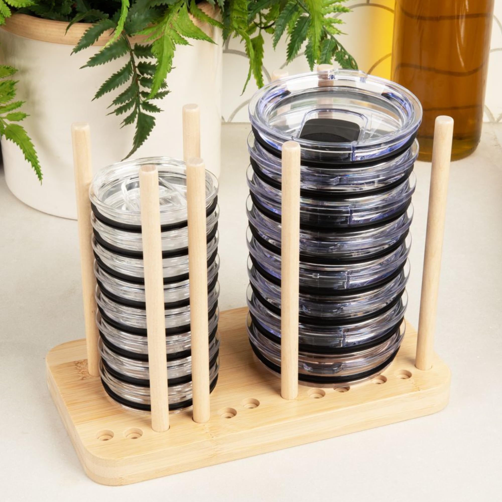 Adjustable Bamboo Tumbler Lid Organizer - Holds up to 20 Lids - YETI Lid Organizer for Cabinet - YETI Organizer for Kitchen Cabinets - Water Bottle Lid Organizer for Cabinet - Cup Lid Holder - Stacker