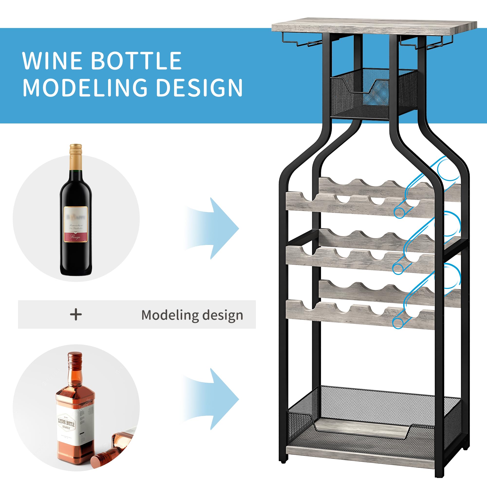 Amyove Wine Rack Freestanding Floor,Metal Wine Rack Wine Bottle Holders Stands for Floor,Grey Bar Stand Wine Storage Organizer Display Rack Table