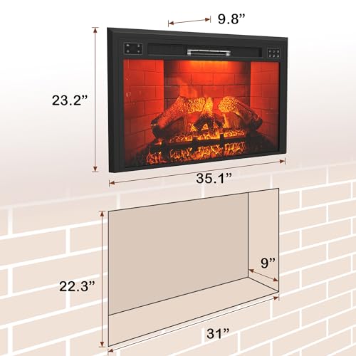 35 Inch Electric Fireplace Inserts Recessed Electric Fireplace Heater with Log Designed for Stud, Cabinet & Mantel Low Noise 1500W,6 Flame Colors,8h Timer,Control by Touch Screen & Remote,Black