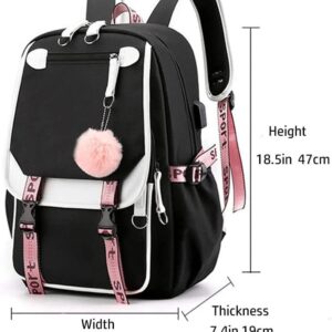 RUILIHIAO Teenage USB Port Backpack Plush Ball Pendant School bag Outdoor Travel Daypack Bookbag