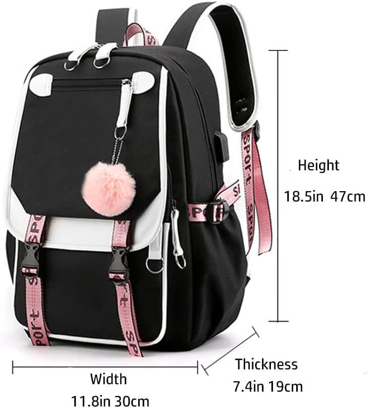 RUILIHIAO Teenage USB Port Backpack Plush Ball Pendant School bag Outdoor Travel Daypack Bookbag