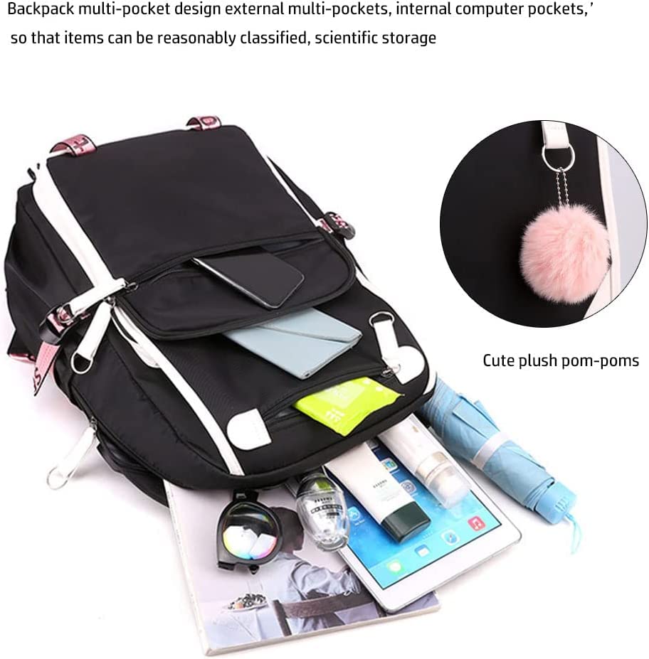 RUILIHIAO Teenage USB Port Backpack Plush Ball Pendant School bag Outdoor Travel Daypack Bookbag