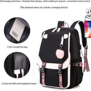 RUILIHIAO Teenage USB Port Backpack Plush Ball Pendant School bag Outdoor Travel Daypack Bookbag