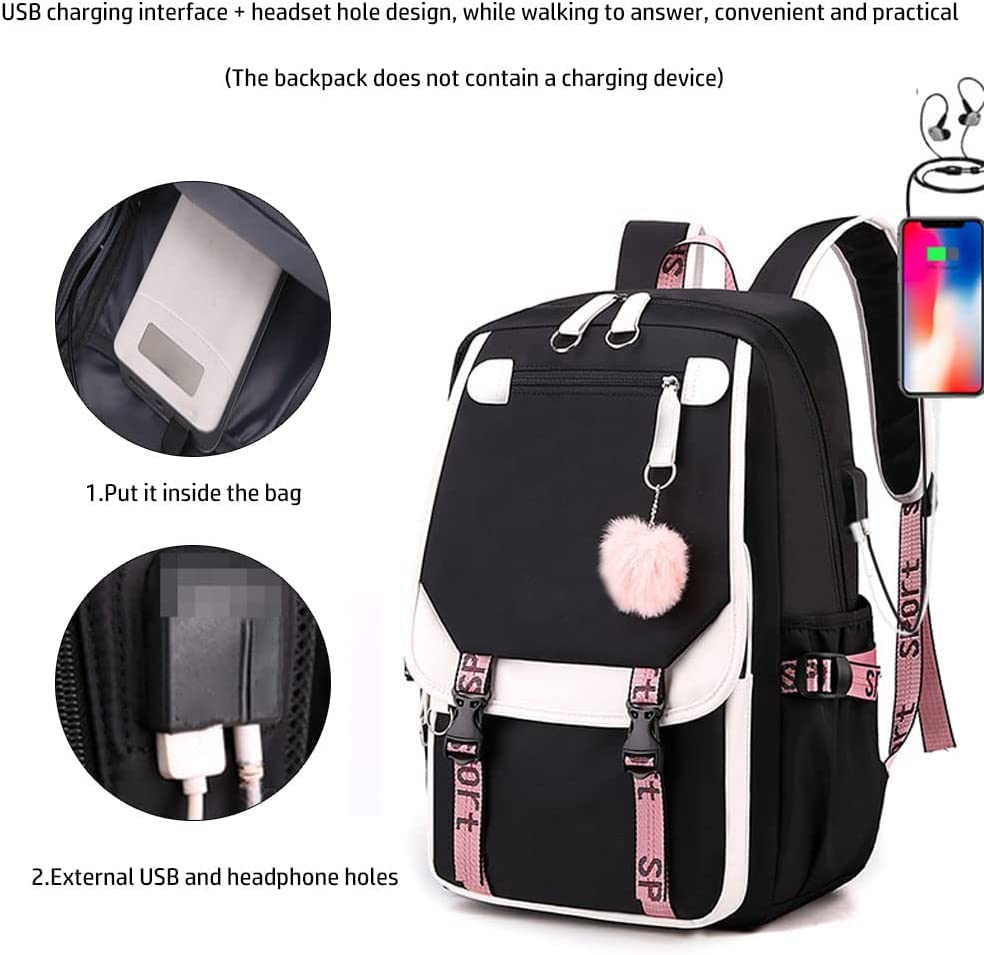 RUILIHIAO Teenage USB Port Backpack Plush Ball Pendant School bag Outdoor Travel Daypack Bookbag