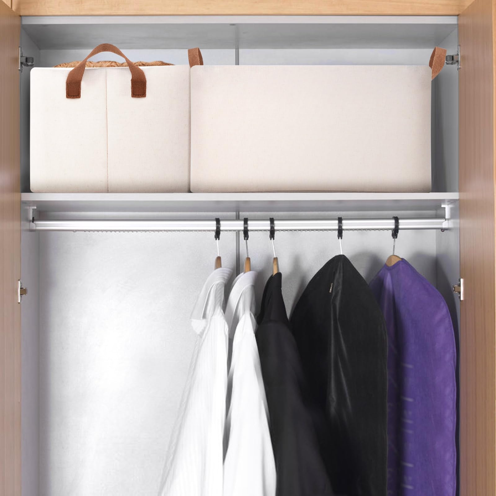 EEONDPU large storage baskets, closet storage bins, Canvas Fabric Storage Basket for shelves, basket organizers for shelf, storage bins for clothes (White 2 Pack, 16½"L×12" W×10" H)