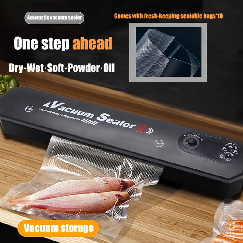 Automatic Vacuum, Household Kitchen Food Preservation, One-Click Operate, for Sous and Food Storage, Dry/Wet/Soft/Oil/Powder Universal, with 10 Vacuum Bags (Matt black)