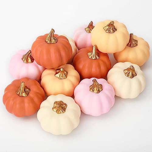 AnyDesign 12Pcs Artificial Pumpkins Fake Foam Pumpkins Mini White Pink Gold Orange Faux Harvest Pumpkins for Autumn Thanksgiving Halloween Holiday Home Party Farmhouse Decorations