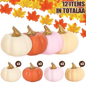 AnyDesign 12Pcs Artificial Pumpkins Fake Foam Pumpkins Mini White Pink Gold Orange Faux Harvest Pumpkins for Autumn Thanksgiving Halloween Holiday Home Party Farmhouse Decorations