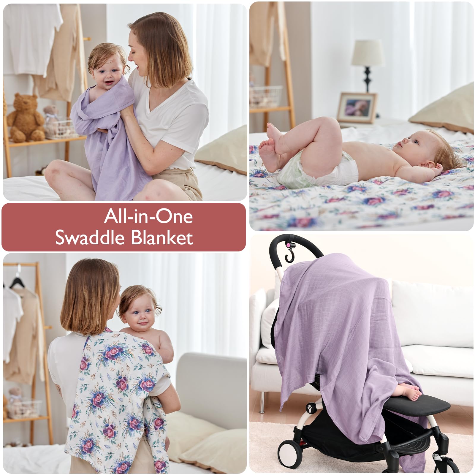 Momcozy Softness Upgrade Muslin Swaddle Blankets, Vivid Flower+Solid Purple Neutral Matching, 2 Pack Breathable 2-Layer Gauze Large 47'' x 47'' Swaddling Blanket Wraps for Newborn Baby Boys Girls