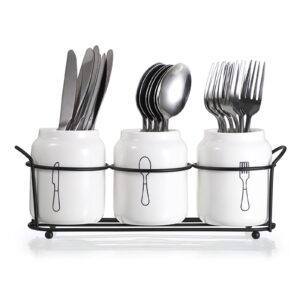 sumnacon ceramic utensil caddy, portable silverware caddy with 3 compartments -durable silverware holder with black frame for kitchen, dining table coutertop picnic,white