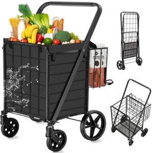 spurgehom grocery cart on wheels folding shopping carts for groceries 140l jumbo with removable liner and double basket,360° rolling laundry cart lightweight trolley for seniors 280lb capacity