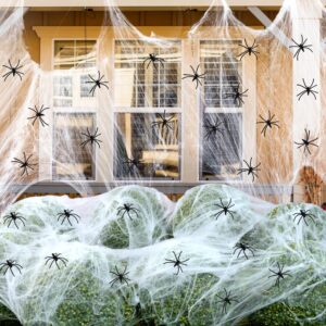 joyin 1800 sqft spider web halloween decorations with extra 160 spiders, super stretchy cobwebs halloween theme party prop, indoor outdoor halloween haunted house party supplies
