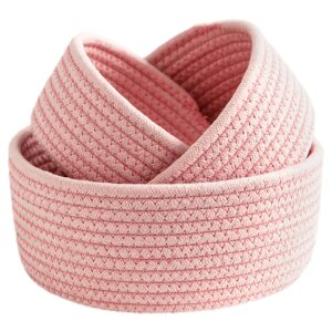 3-piece small round storage basket set cotton rope woven basket for organizing, key tray, nesting bins storage organizer for shelves, closet, counters, entryway, pink