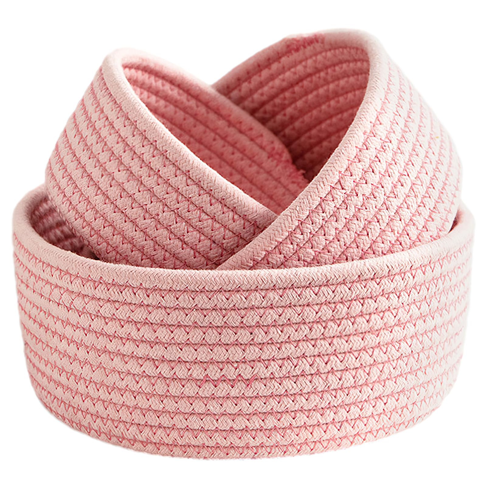 3-Piece Small Round Storage Basket Set Cotton Rope Woven Basket for Organizing, Key Tray, Nesting Bins Storage Organizer for Shelves, Closet, Counters, Entryway, Pink