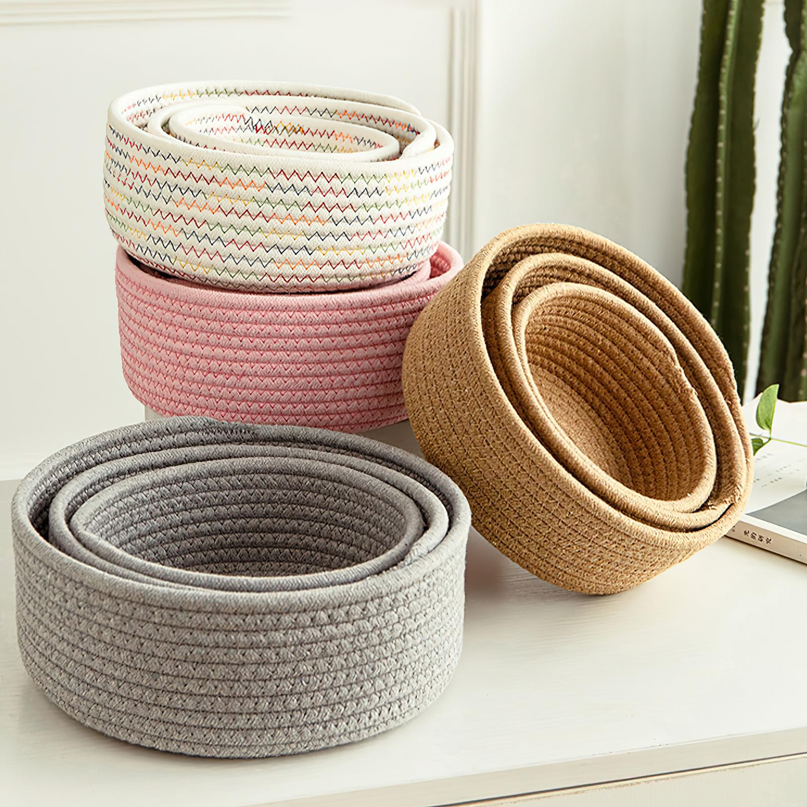 3-Piece Small Round Storage Basket Set Cotton Rope Woven Basket for Organizing, Key Tray, Nesting Bins Storage Organizer for Shelves, Closet, Counters, Entryway, Pink