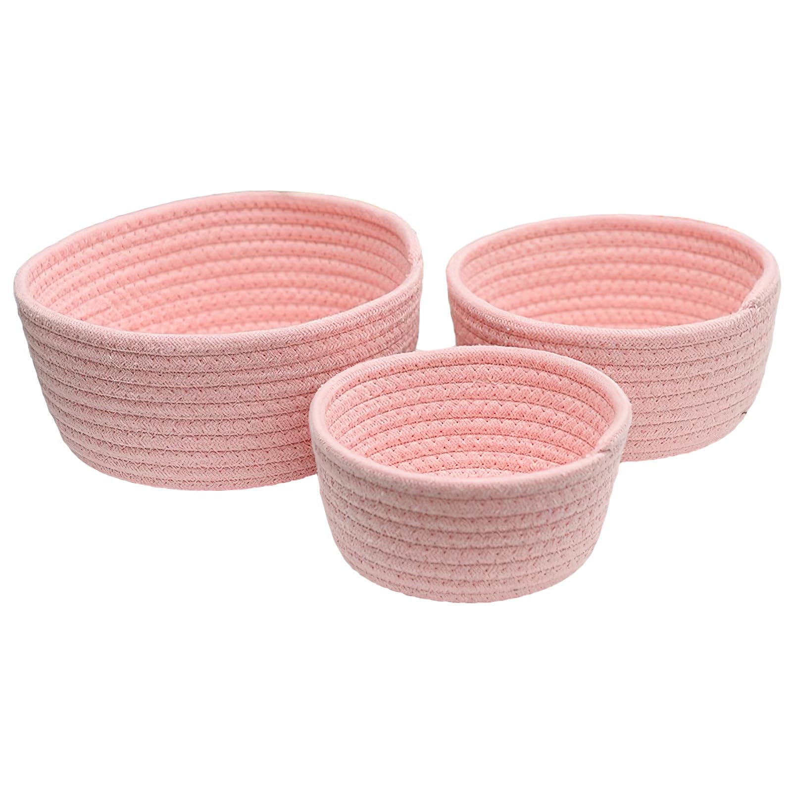 3-Piece Small Round Storage Basket Set Cotton Rope Woven Basket for Organizing, Key Tray, Nesting Bins Storage Organizer for Shelves, Closet, Counters, Entryway, Pink