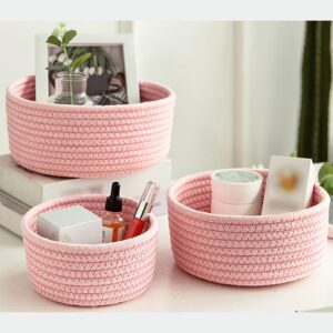 3-Piece Small Round Storage Basket Set Cotton Rope Woven Basket for Organizing, Key Tray, Nesting Bins Storage Organizer for Shelves, Closet, Counters, Entryway, Pink