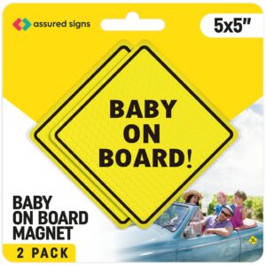 assured signs baby on board magnet for car - 2 pack, 5" by 5" - essential magnetic sticker sign for bumper - bright yellow and reflective - best safety sign accessories for cars