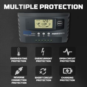 POWERWIN 50A MPPT Solar Charge Controller 12V 24V Solar Panel Battery Intelligent Regulator Dual USB with LCD Display Suitable for LiFePO4 Battery