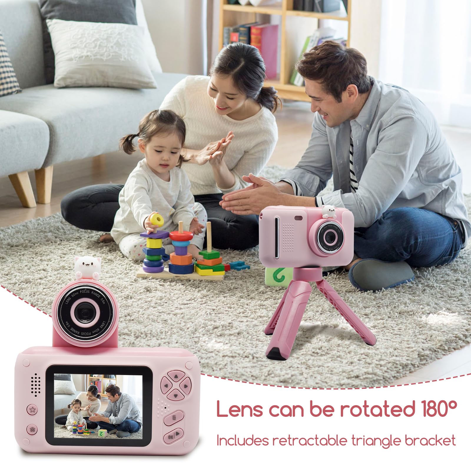 toyofmine Kids Camera, Kids Digital Camera with Flip Lens, HD Digital Video Cameras for Toddler,Christmas Birthday Gifts and Portable Toy for 3 4 5 6 7 8 9Year Old with 32GB SD Card-Pink