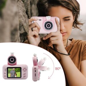 toyofmine Kids Camera, Kids Digital Camera with Flip Lens, HD Digital Video Cameras for Toddler,Christmas Birthday Gifts and Portable Toy for 3 4 5 6 7 8 9Year Old with 32GB SD Card-Pink