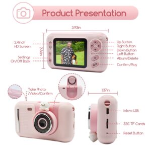 toyofmine Kids Camera, Kids Digital Camera with Flip Lens, HD Digital Video Cameras for Toddler,Christmas Birthday Gifts and Portable Toy for 3 4 5 6 7 8 9Year Old with 32GB SD Card-Pink