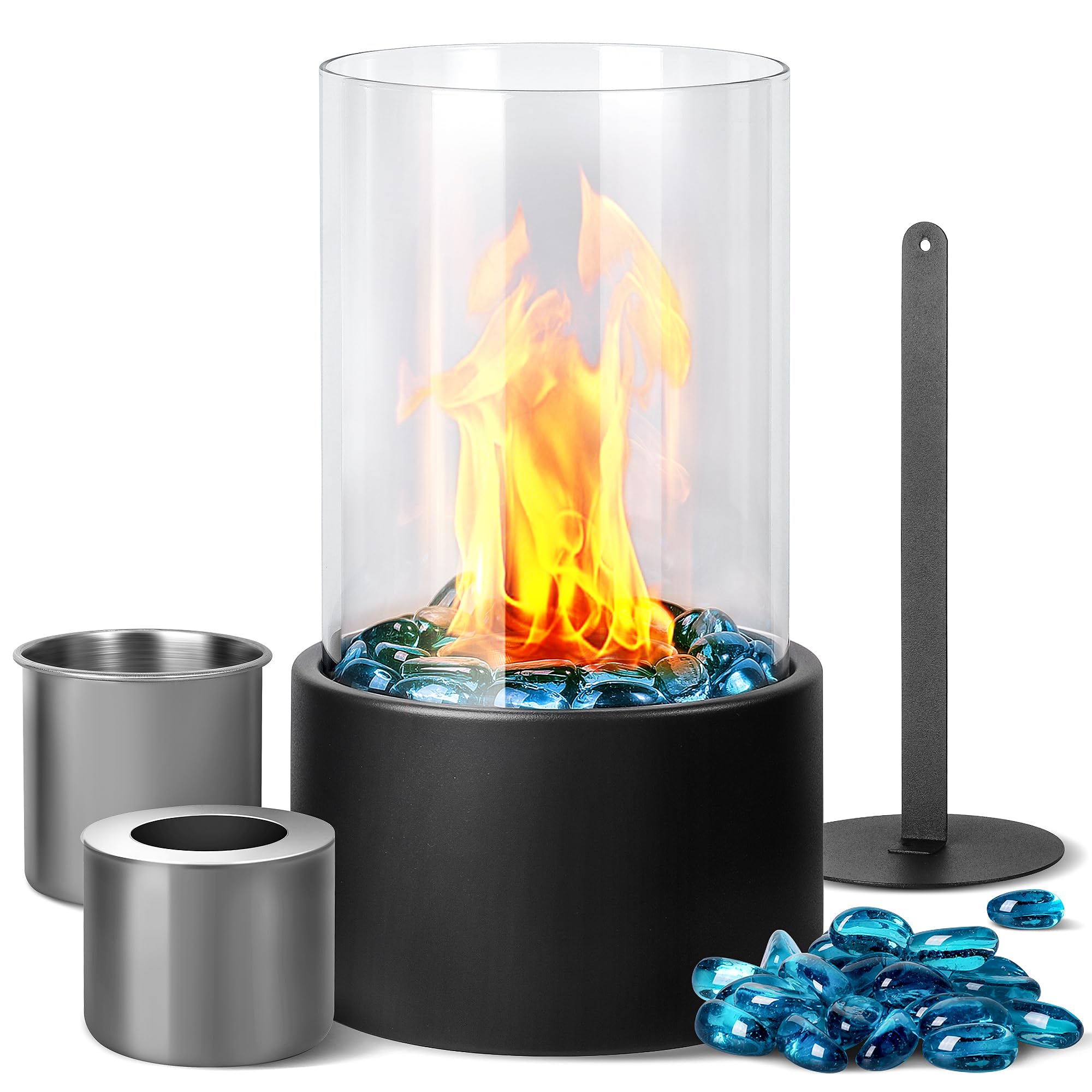 Eufrozy Small Tabletop Fire Pit Bowl with Glass, Mini Portable Table Top Rubbing Alcohol Fireplace Indoor, Smokeless Clean Burning Bio Ethanol for S'Mores/Apartment/Personal Flame/Outdoor/Patio/Black