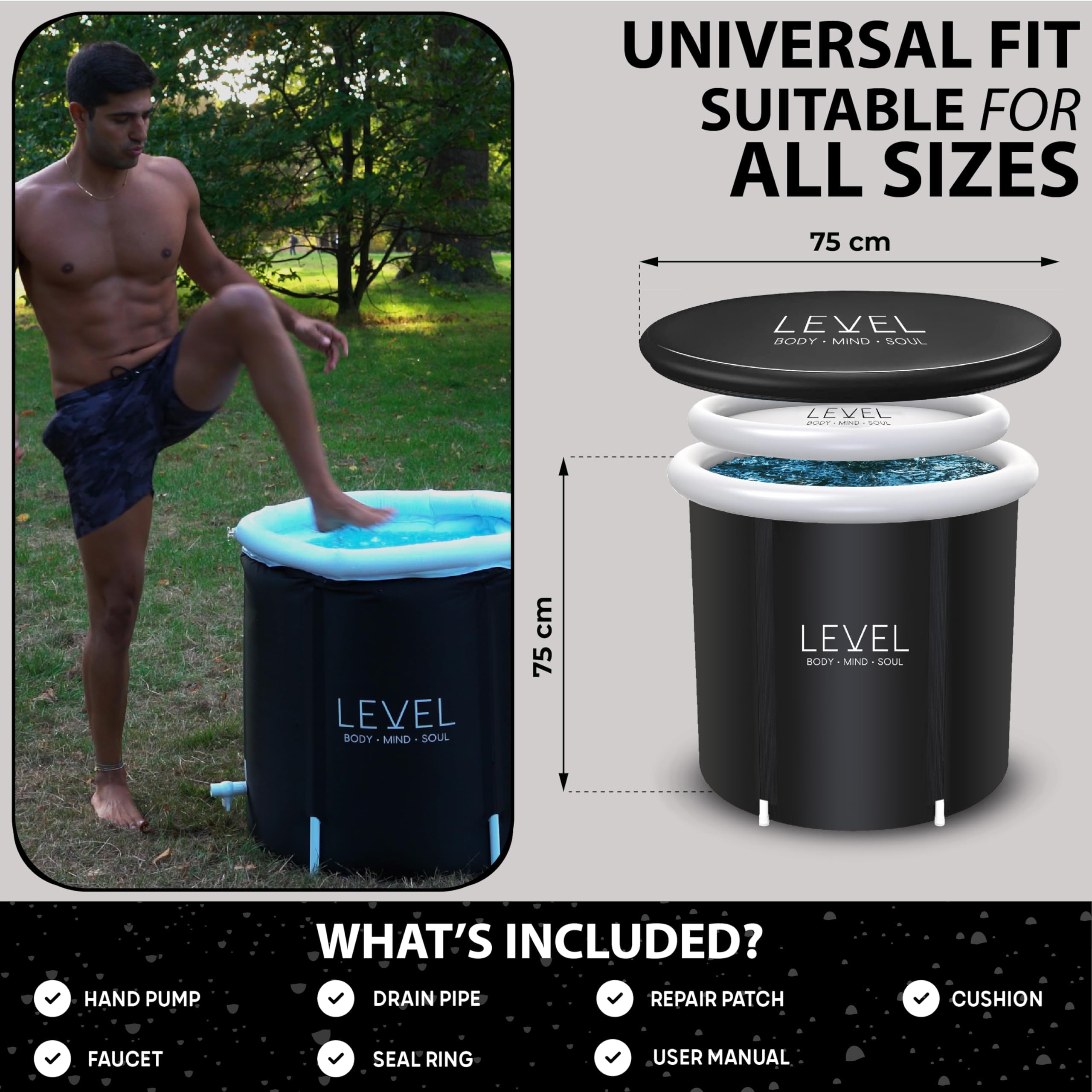 Level Body Mind Soul - Portable Ice Bath with Cover included - Ice Bath for athletes, post-workout recovery Cold Therapy - Can help improve Sleep and your general Wellbeing - 29x29 Inches