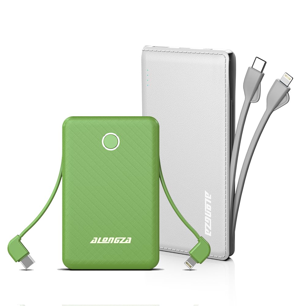 Alongza Portable Phone Charger 2 Pack Lightweight Power Bank with Built-in Cable External Phone Charger Small 6000mAh and 10000mAh for Cell Phones