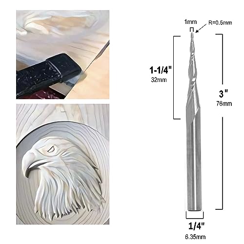 Tapered Angle Ball Nose Router Bits 1/4 Shank, Carving Carbide Spiral CNC Router Bit End Mills, 1mm Tip Dia( R 0.5mm ), 2D&3D Carving Bit for Wood Carving/ Engraving, by PROMSA