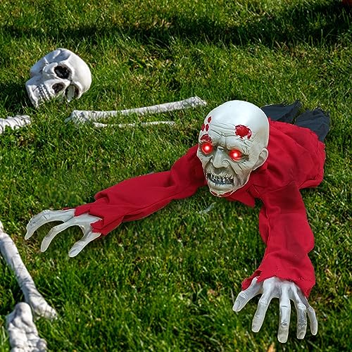 Halloween Outdoor Decorations Climbing Zombie Groundbreaker with Light Up Eyes and Creepy Sound, Sound Activated Movable Halloween Zombie Skeleton Decorations for Outdoor Lawn Yard Patio Decor