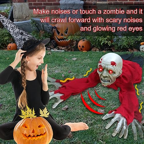 Halloween Outdoor Decorations Climbing Zombie Groundbreaker with Light Up Eyes and Creepy Sound, Sound Activated Movable Halloween Zombie Skeleton Decorations for Outdoor Lawn Yard Patio Decor