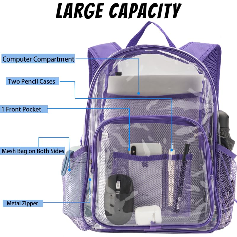 BAJNOKOU Clear Backpack Stadium Approved for Women Men Heavy Duty PVC Transparent See Through Backpacks for School Work Travel,Purple