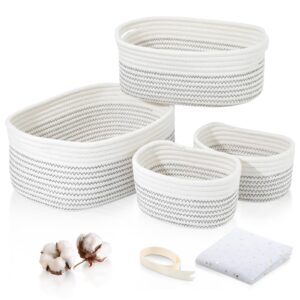 baskets&bins for shelf storage organizing/woven baskets for storage/cotton rope basket set of 4/rectangle toy basket/cute storage for gift/for bedroom with the handle, star gauze, ribbon (white)