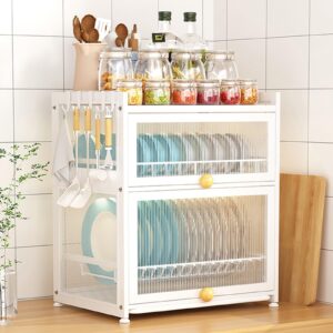 kitchen dish racks, 3 tier dish drying rack house dish organizer cutlery drainer with lid cover detachable drip tray storage box basket for kitchen organizing storage holder, utensil holder rack