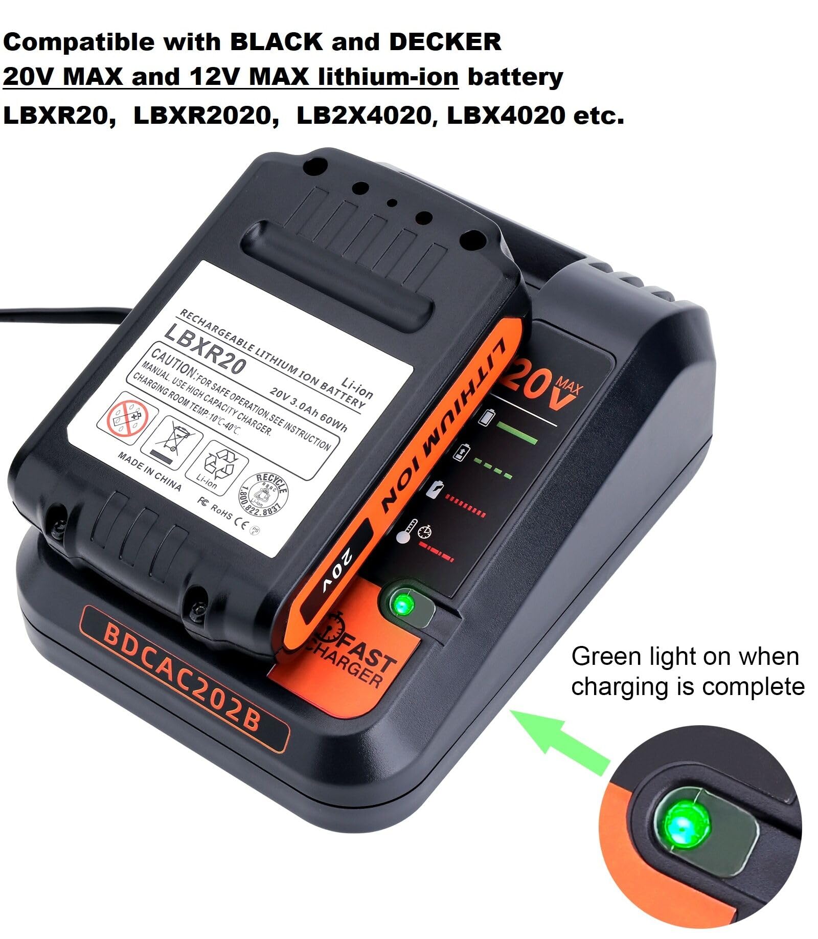 Kotoate 20V MAX Lithium Battery Charger Compatible with Black and Decker 12V 20V Lithium Battery, Replacement for Black and Decker Fast Charger 20V Battery LBXR20 LBXR2020 LBX12 BDCAC202B Charger