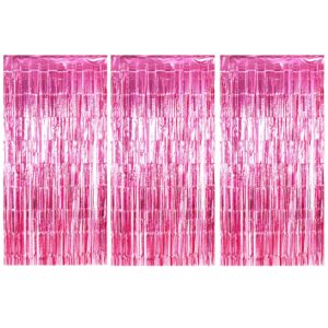 miliocry 3 pack 3.3 x 6.6 ft pink foil fringe curtains, metallic tinsel curtain backdrop for parties, door wall streamers, glitter streamer for birthday, photo booth props, christmas party decor