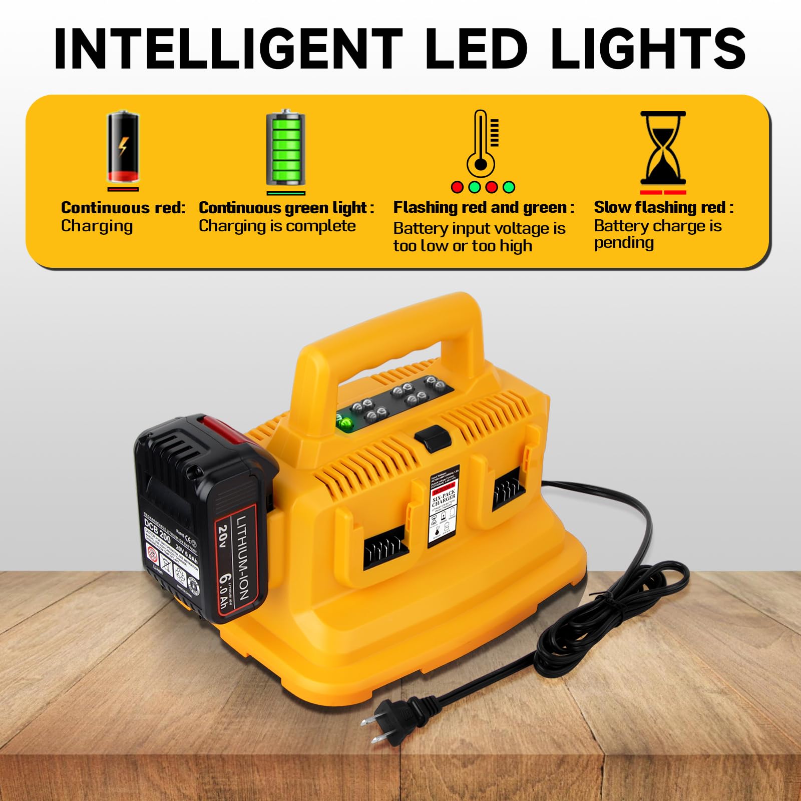 6-Ports Charger Replace for Dewalt 20V MAX Battery Charger DCB104 Charging for Dewalt 20V MAX / 60V Flexvolt Battery with 6 LED Indicators