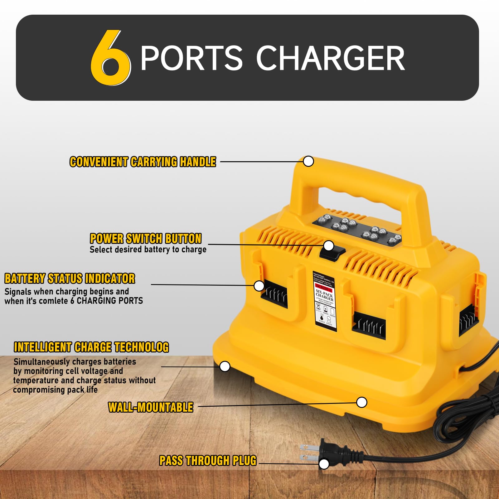 6-Ports Charger Replace for Dewalt 20V MAX Battery Charger DCB104 Charging for Dewalt 20V MAX / 60V Flexvolt Battery with 6 LED Indicators