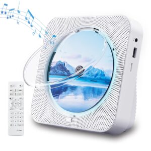 cd player portable bluetooth 5.1 desktop cd player with hifi sound speakers,remote control,dust cover,led display,boombox fm radio,usb/aux for home,gift,kids (white)